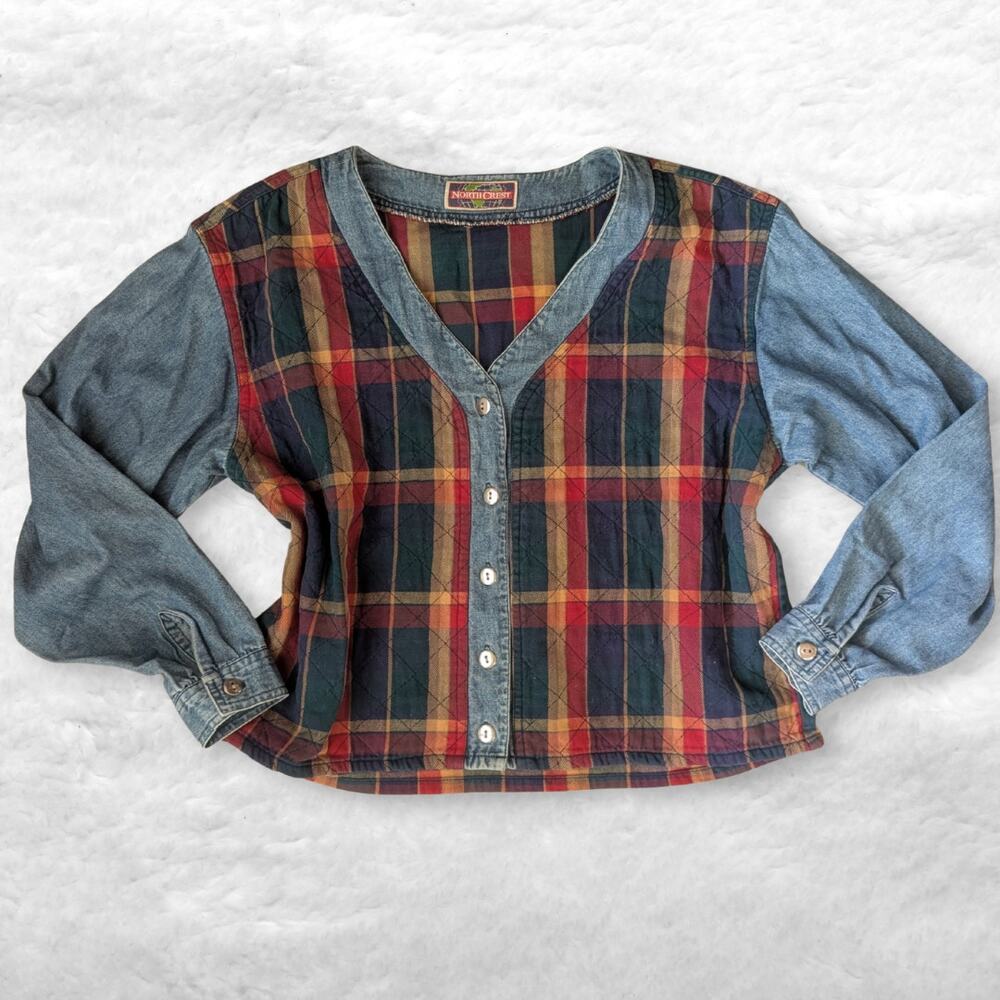 vintage 90s north crest plaid quilted denim shirt jacket